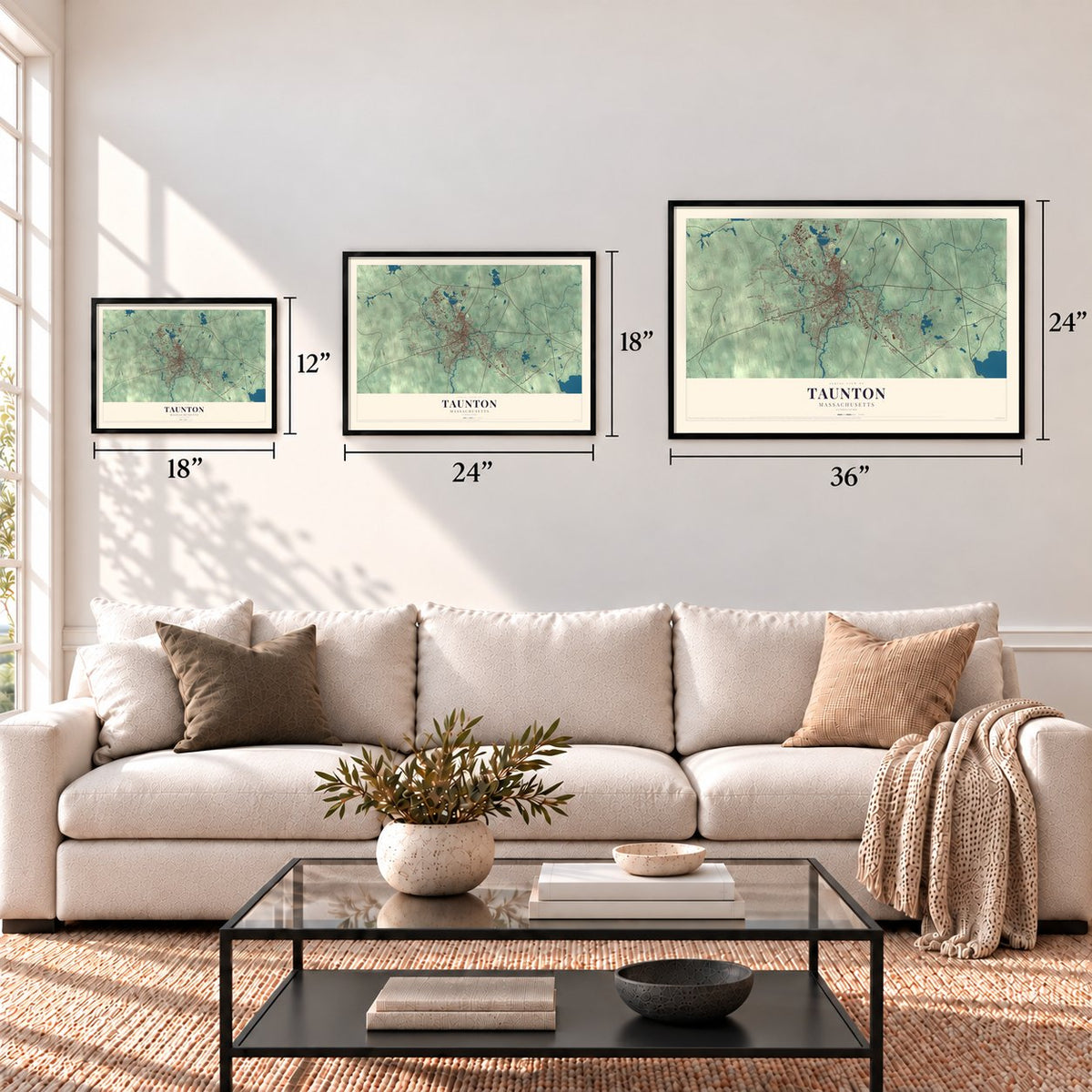 Taunton, Massachusetts map in 12 x 18, 18 x 24 and 24 x 36 inch sizes above a sofa