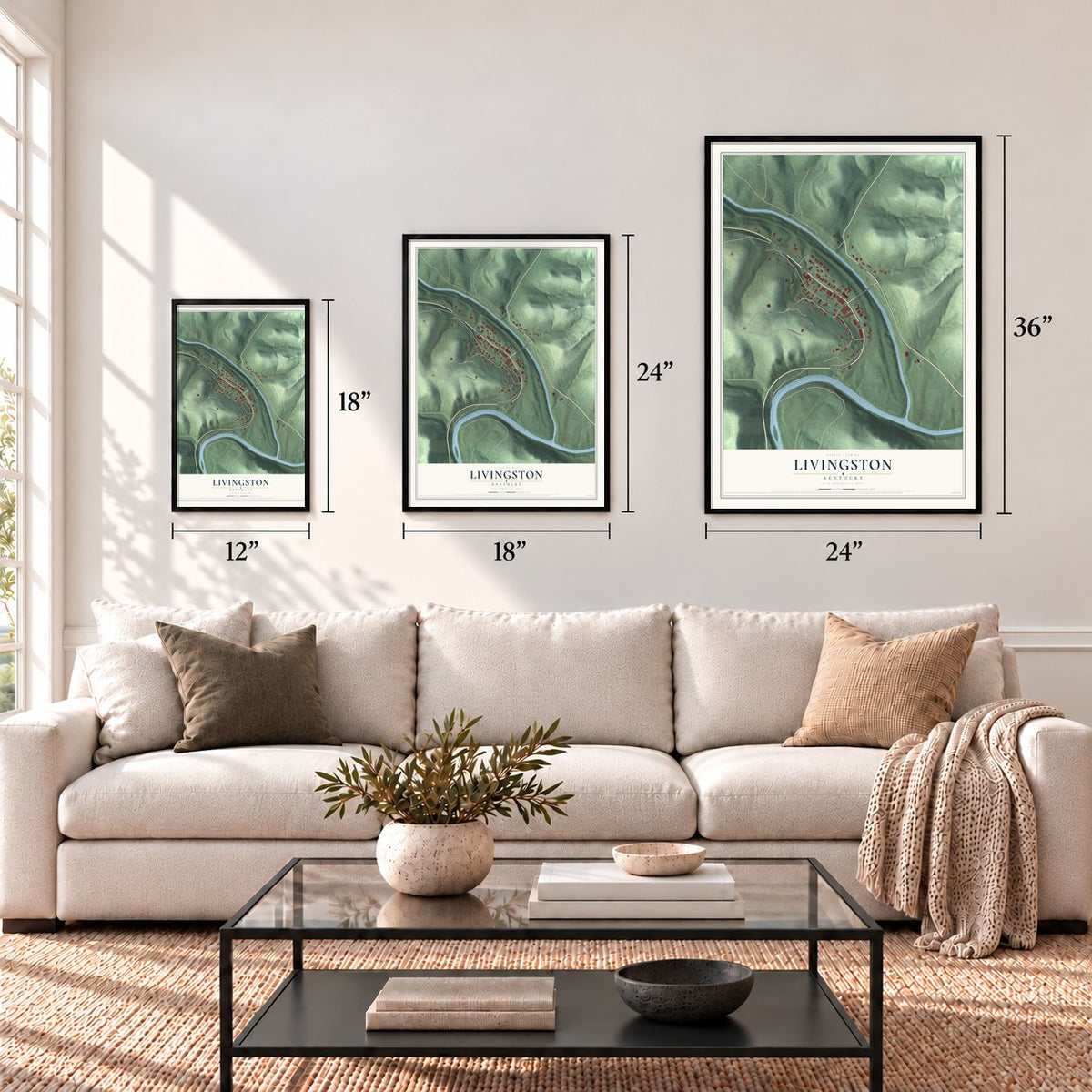 Livingston, Kentucky map in 12 x 18, 18 x 24 and 24 x 36 inch sizes above a sofa