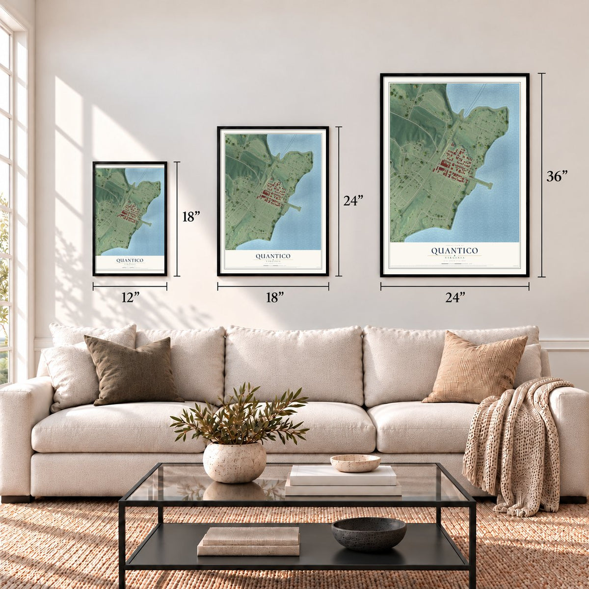 Quantico, Virginia map in 12 x 18, 18 x 24 and 24 x 36 inch sizes above a sofa