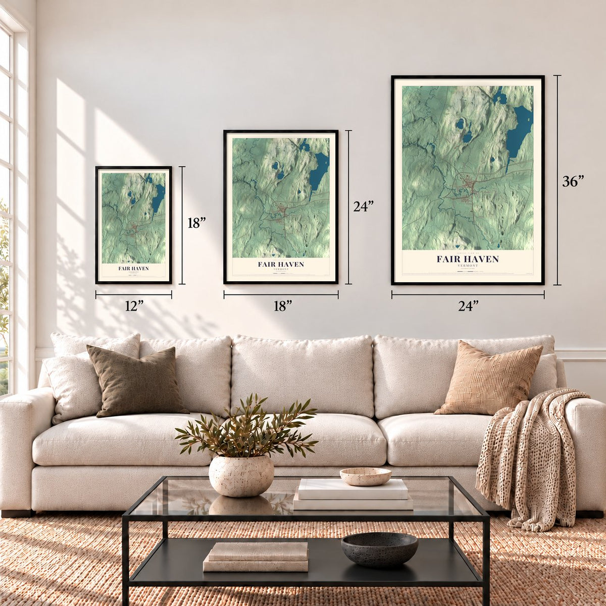 Fair Haven, Vermont map in 12 x 18, 18 x 24 and 24 x 36 inch sizes above a sofa
