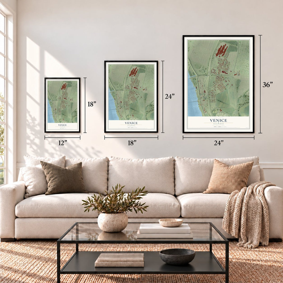 Venice, Illinois map in 12 x 18, 18 x 24 and 24 x 36 inch sizes above a sofa