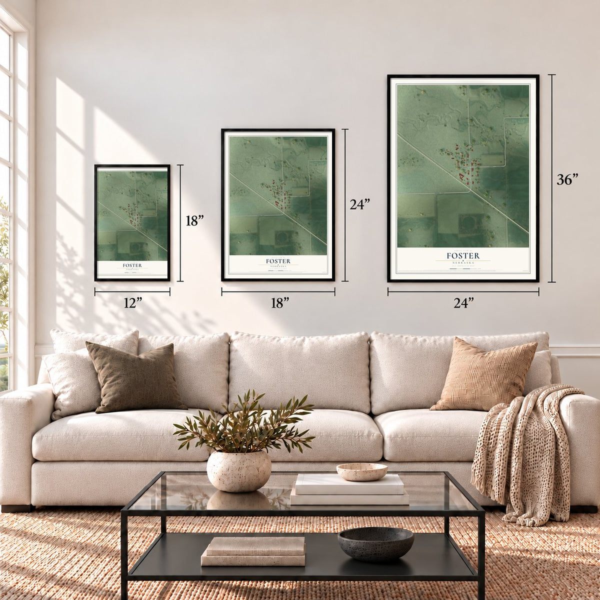 Foster, Nebraska map in 12 x 18, 18 x 24 and 24 x 36 inch sizes above a sofa