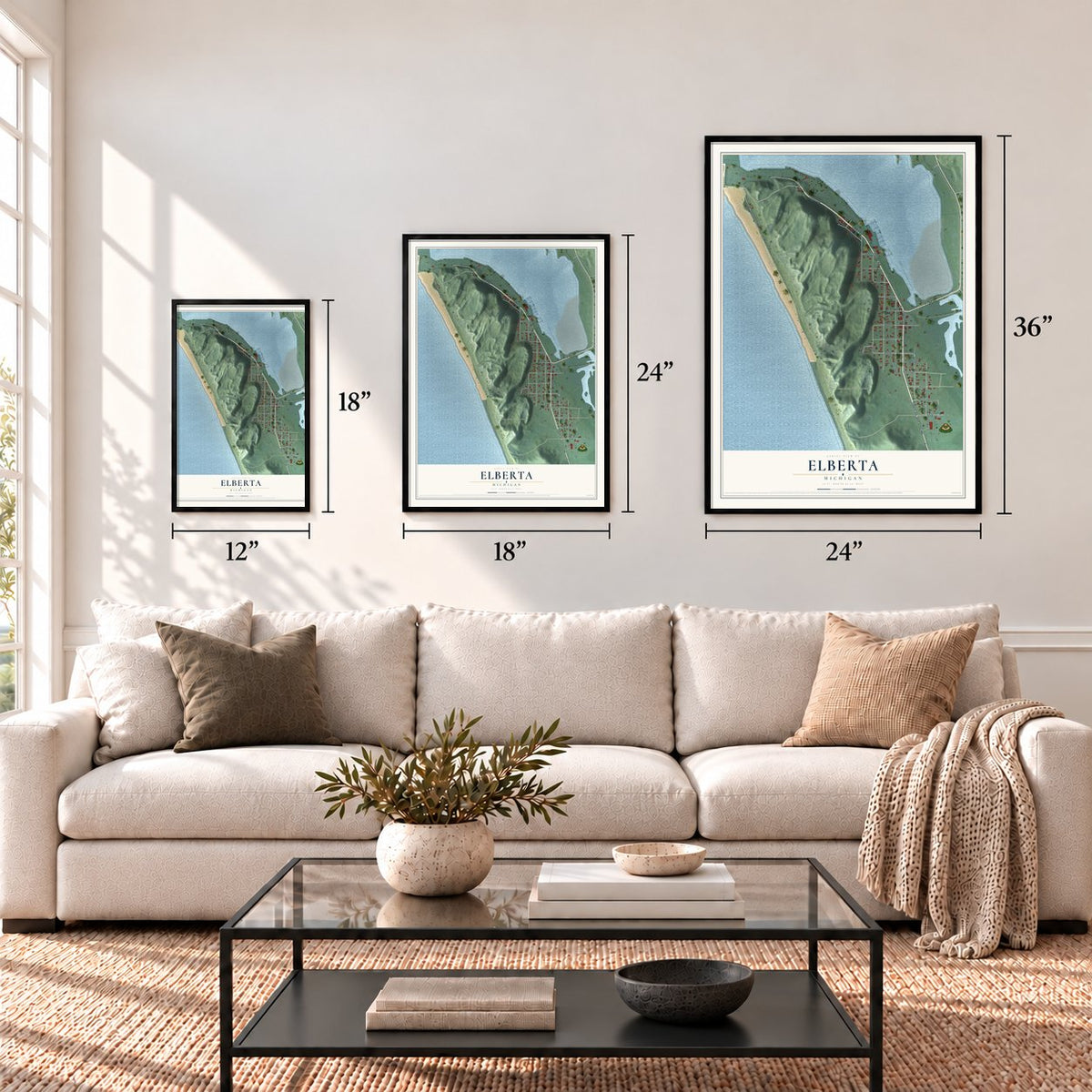 Elberta, Michigan map in 12 x 18, 18 x 24 and 24 x 36 inch sizes above a sofa
