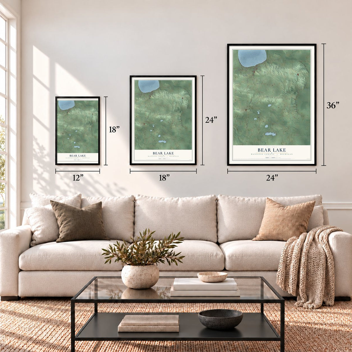 Bear Lake, Manistee County, Michigan map in 12 x 18, 18 x 24 and 24 x 36 inch sizes above a sofa