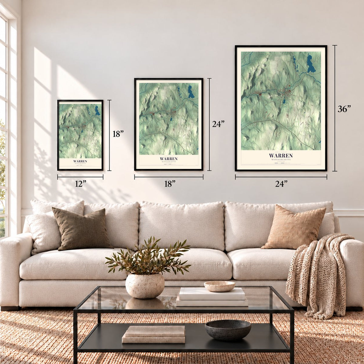 Warren, Massachusetts map in 12 x 18, 18 x 24 and 24 x 36 inch sizes above a sofa