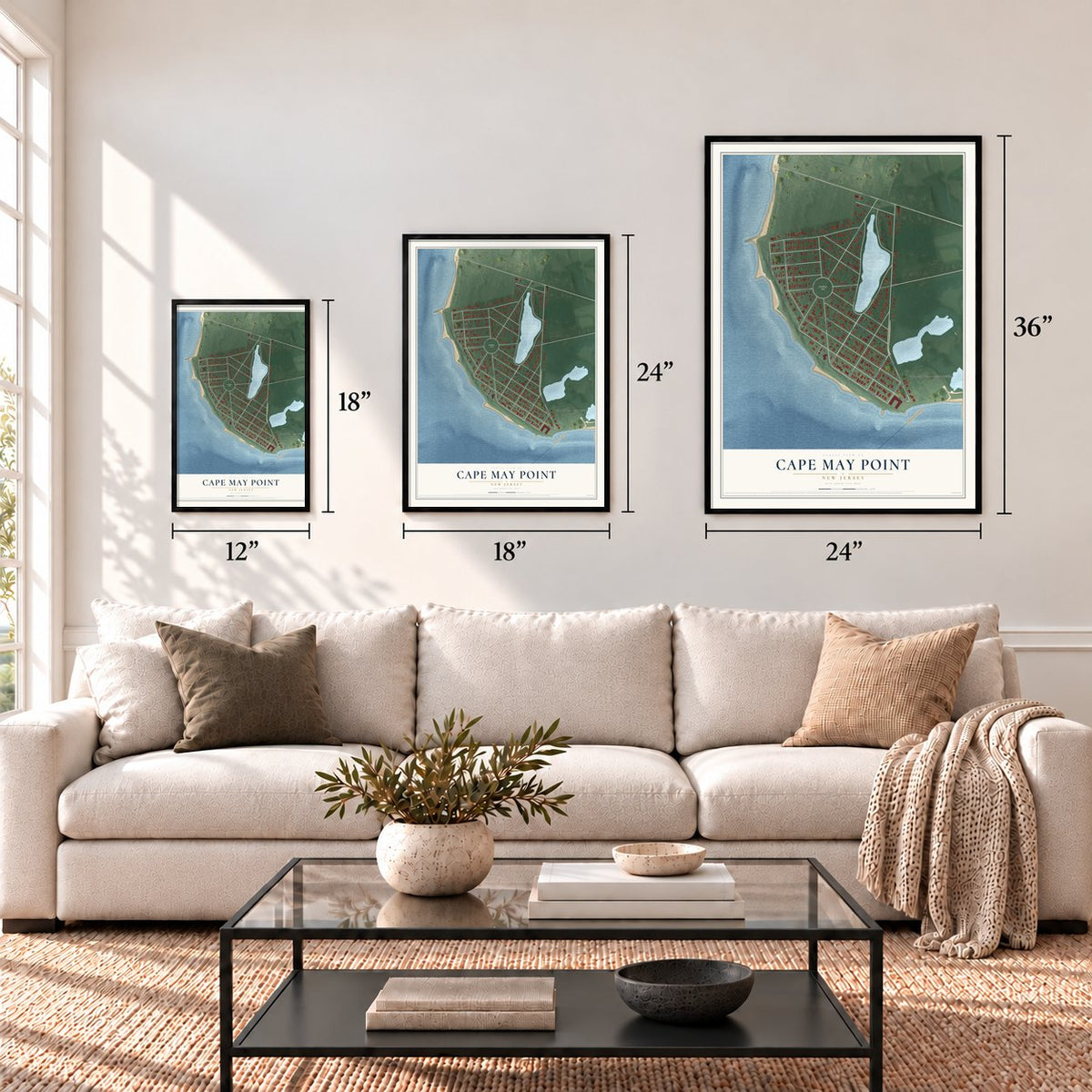 Cape May Point, New Jersey map in 12 x 18, 18 x 24 and 24 x 36 inch sizes above a sofa
