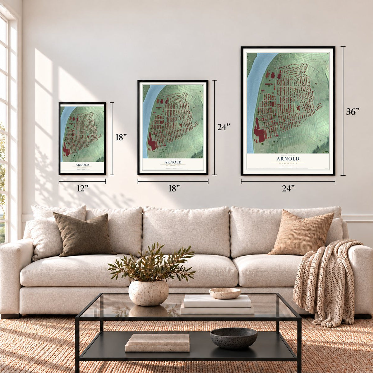 Arnold, Pennsylvania map in 12 x 18, 18 x 24 and 24 x 36 inch sizes above a sofa