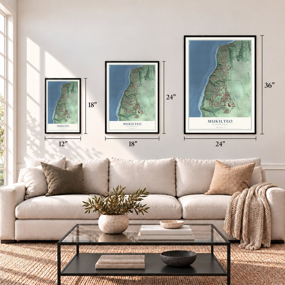 Mukilteo, Washington map in 12 x 18, 18 x 24 and 24 x 36 inch sizes above a sofa