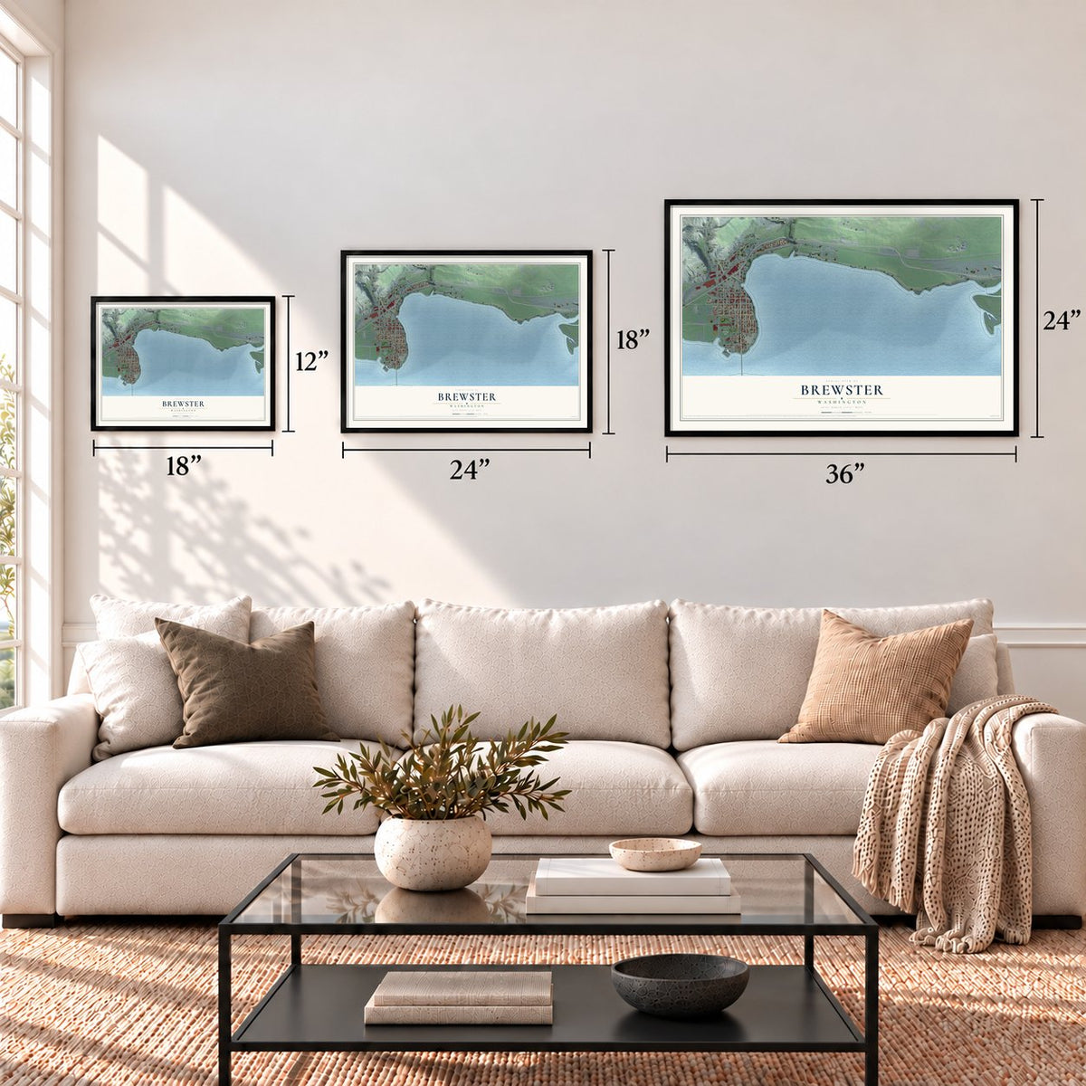Brewster, Washington map in 12 x 18, 18 x 24 and 24 x 36 inch sizes above a sofa