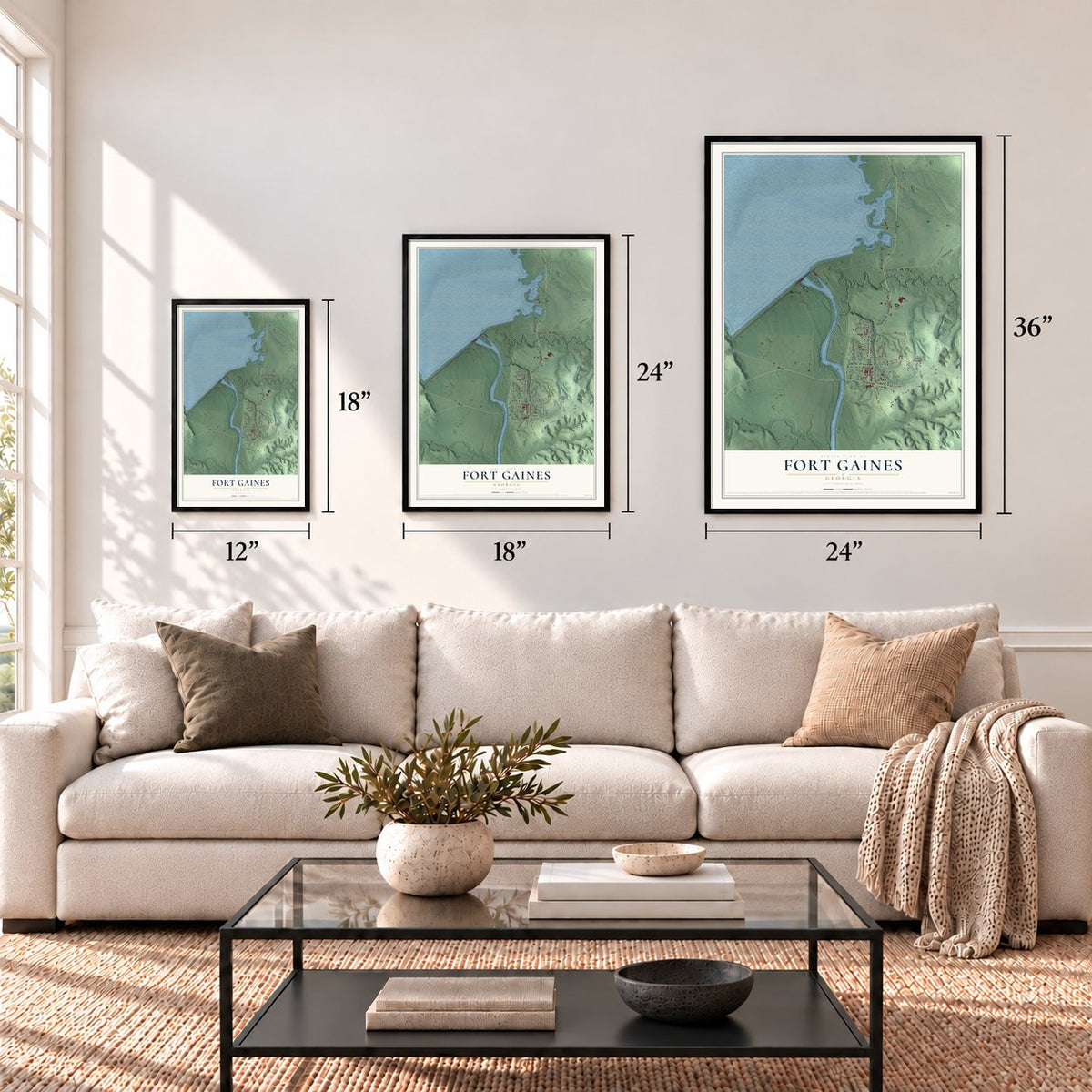 Fort Gaines, Georgia map in 12 x 18, 18 x 24 and 24 x 36 inch sizes above a sofa