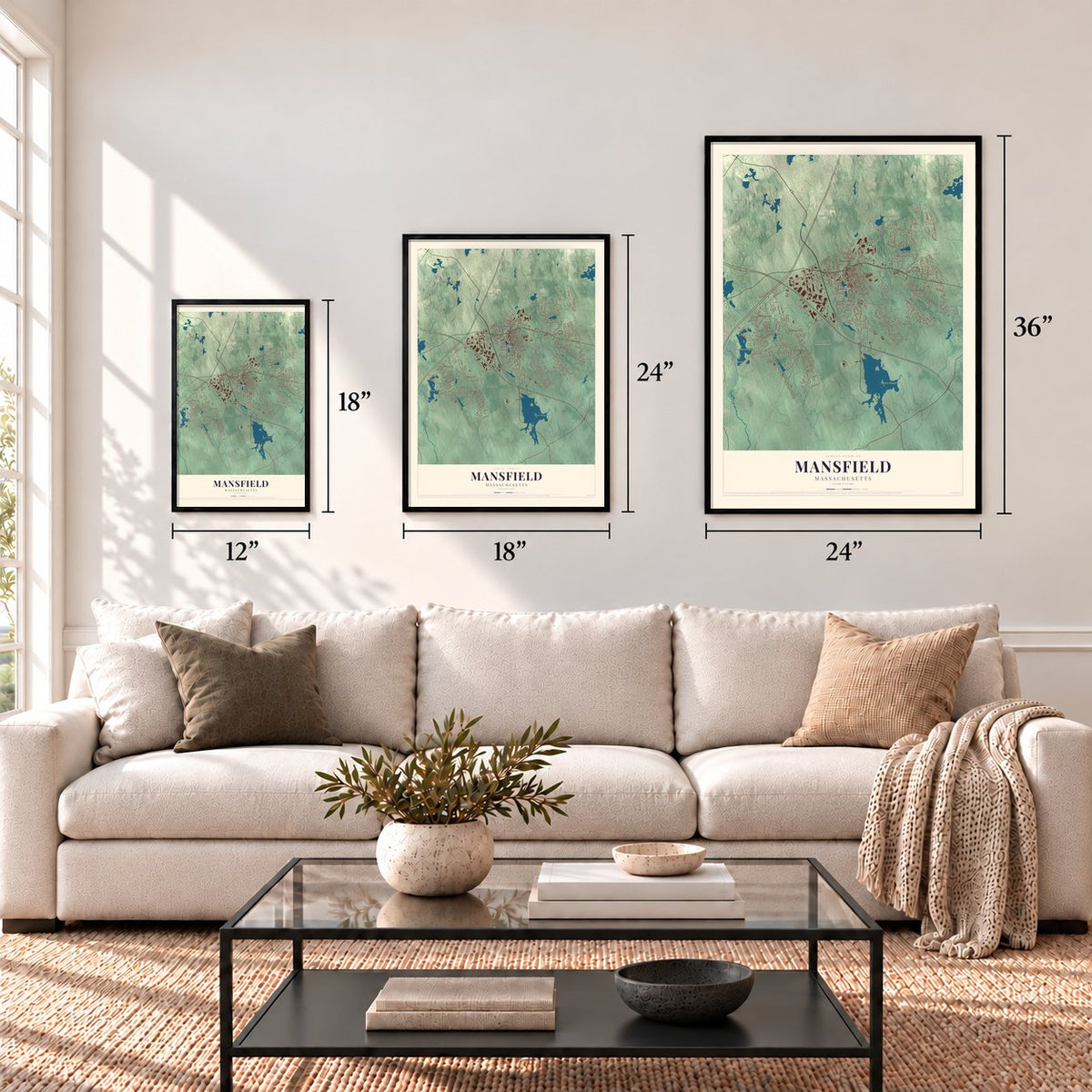 Mansfield, Massachusetts map in 12 x 18, 18 x 24 and 24 x 36 inch sizes above a sofa