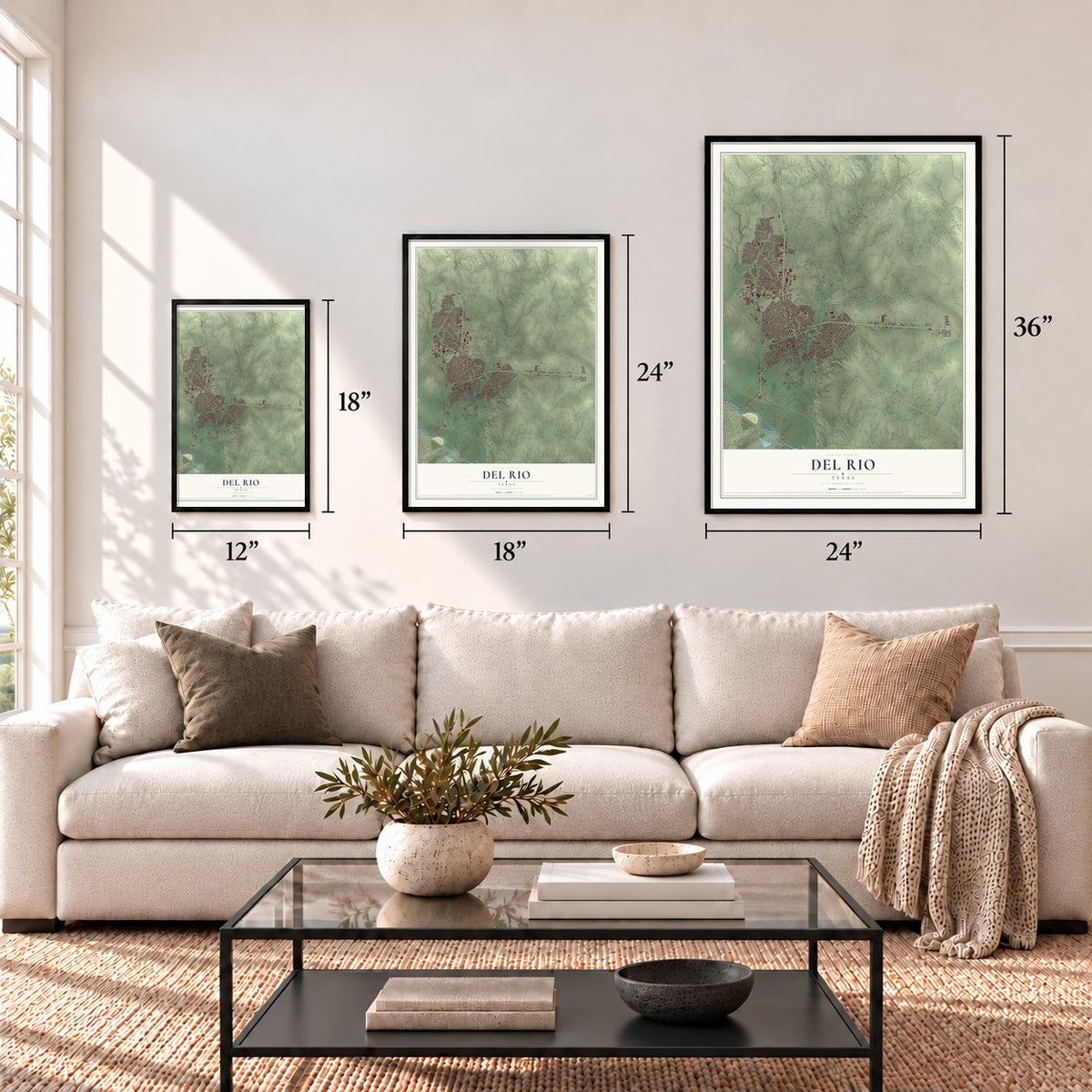 Del Rio, Texas map in 12 x 18, 18 x 24 and 24 x 36 inch sizes above a sofa