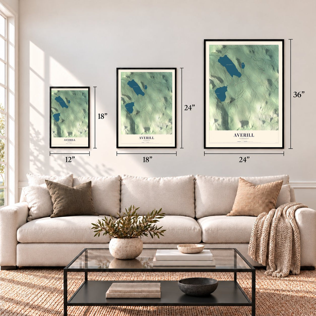 Averill, Vermont map in 12 x 18, 18 x 24 and 24 x 36 inch sizes above a sofa
