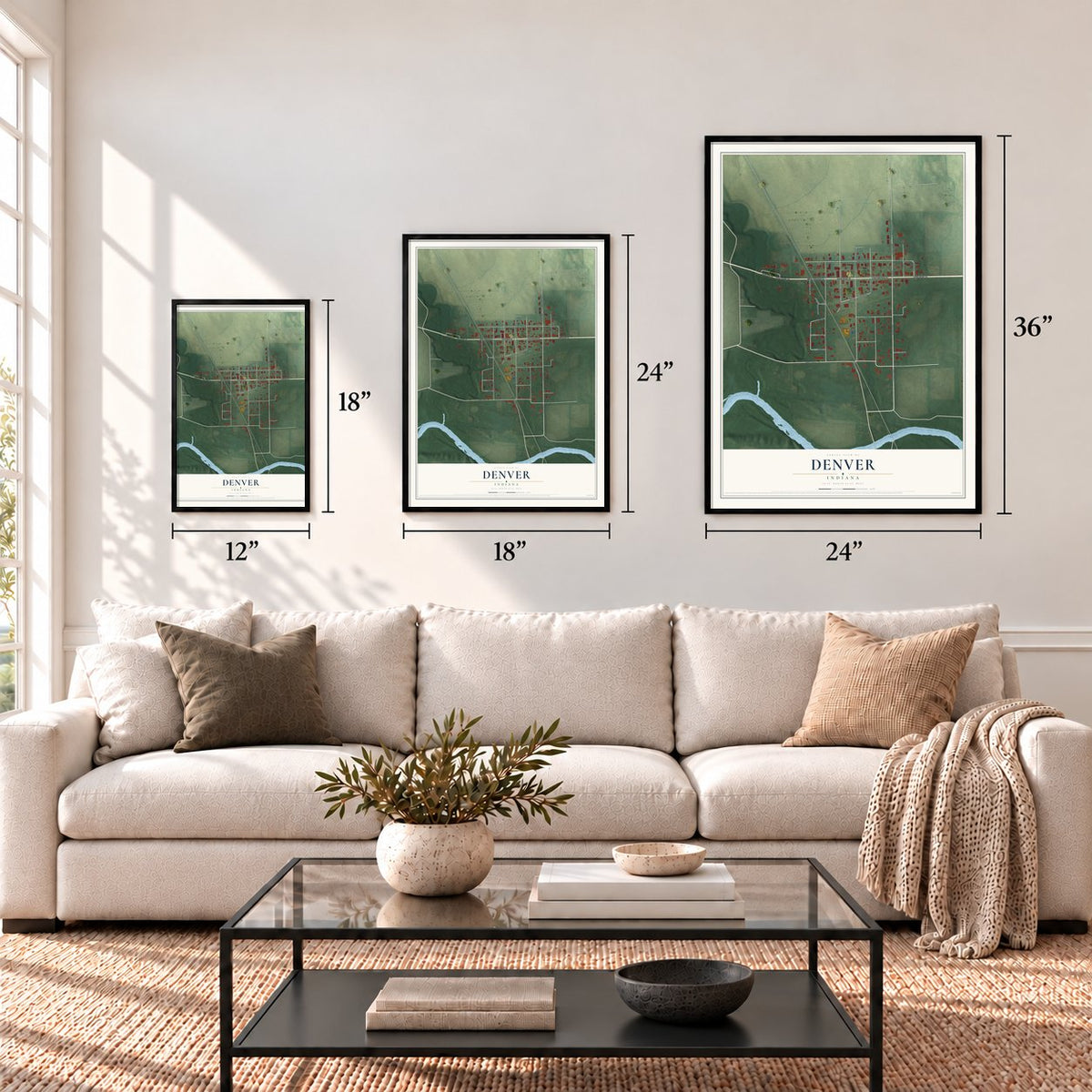 Denver, Indiana map in 12 x 18, 18 x 24 and 24 x 36 inch sizes above a sofa