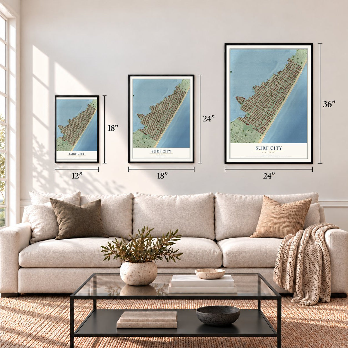 Surf City, New Jersey map in 12 x 18, 18 x 24 and 24 x 36 inch sizes above a sofa