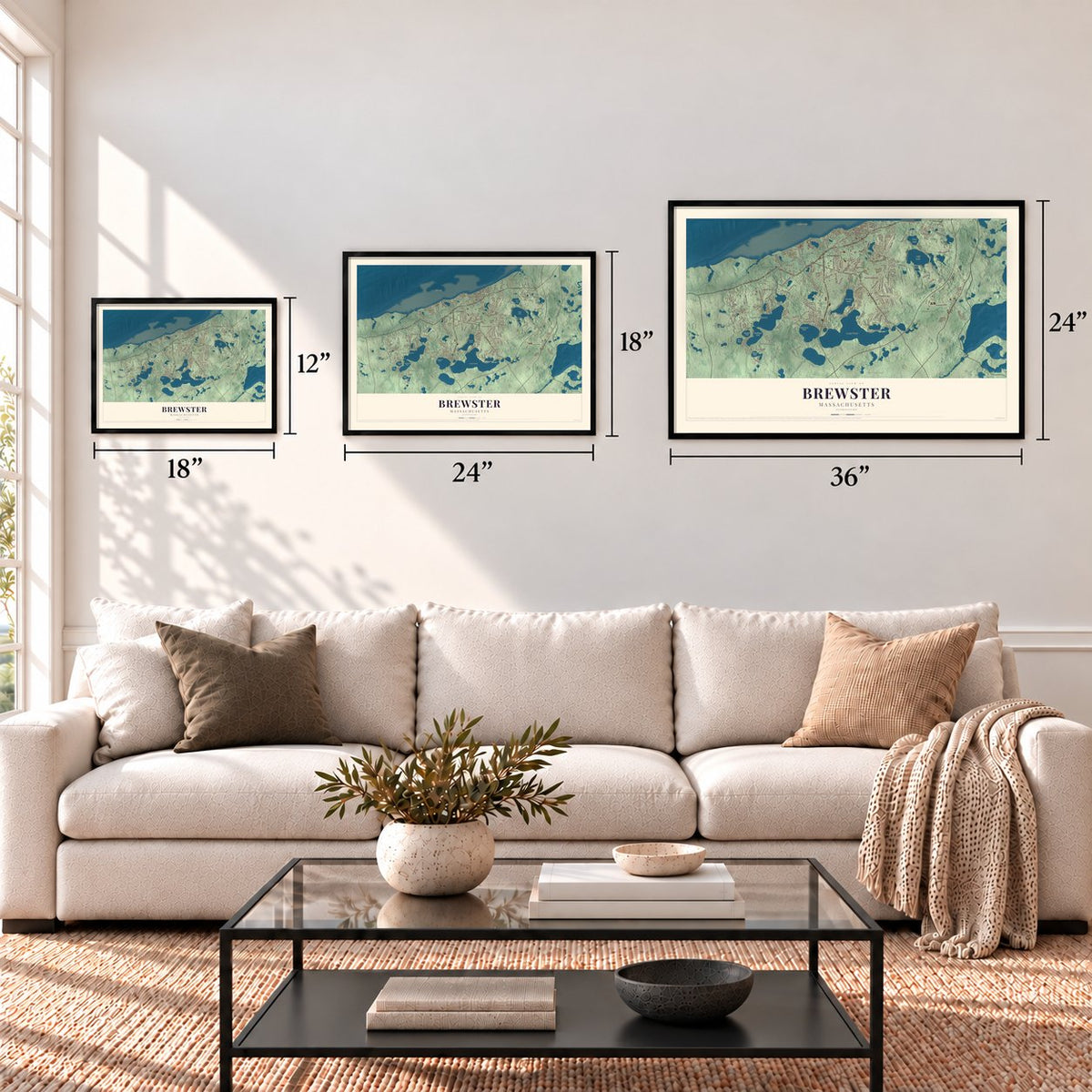 Brewster, Massachusetts map in 12 x 18, 18 x 24 and 24 x 36 inch sizes above a sofa