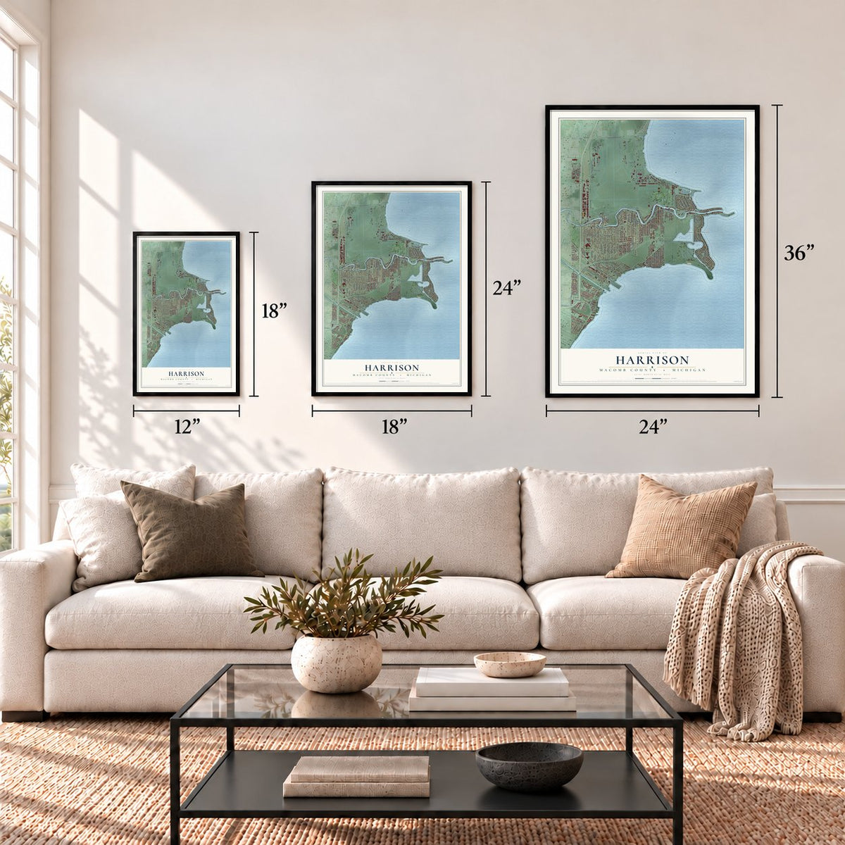 Harrison, Macomb County, Michigan map in 12 x 18, 18 x 24 and 24 x 36 inch sizes above a sofa