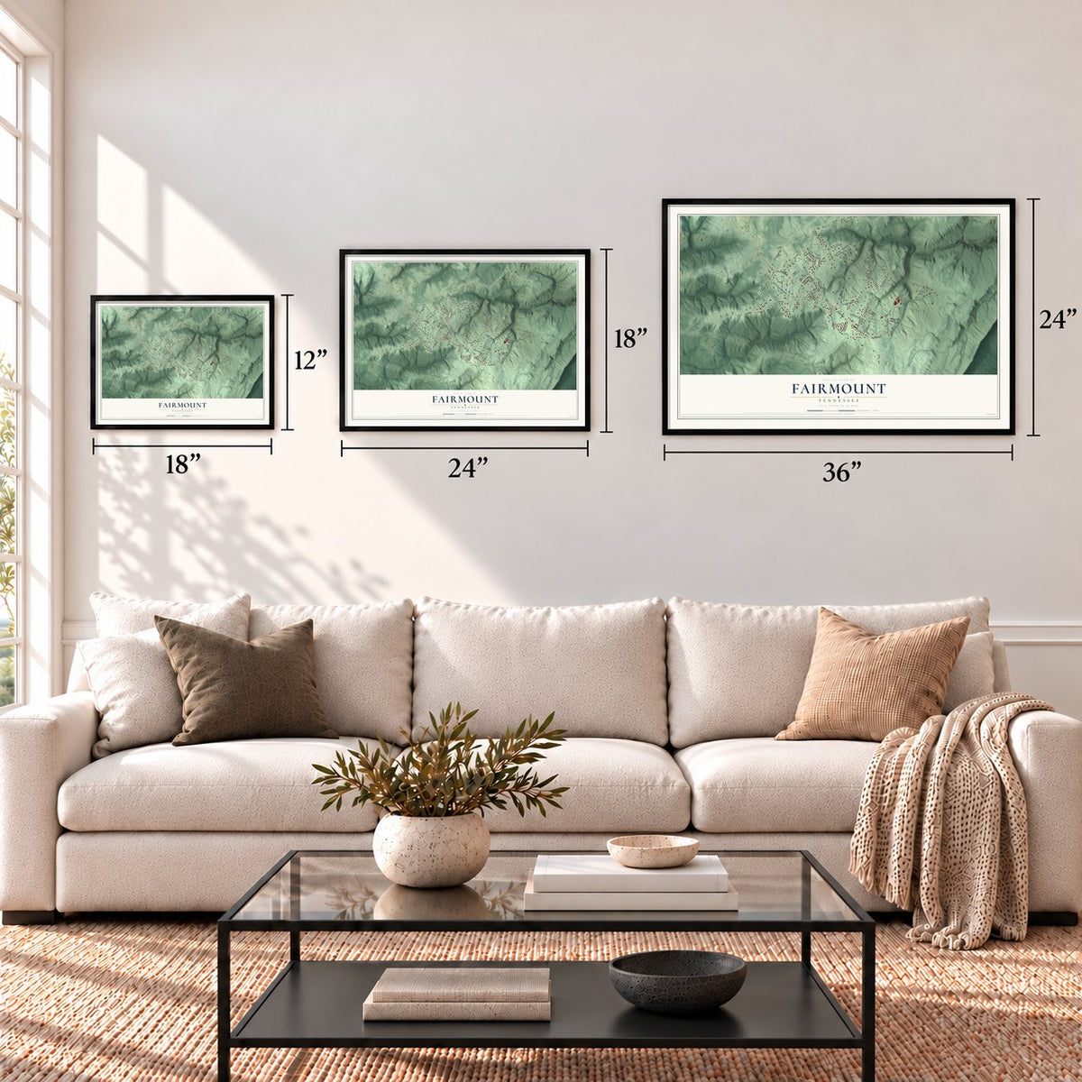 Fairmount, Tennessee map in 12 x 18, 18 x 24 and 24 x 36 inch sizes above a sofa