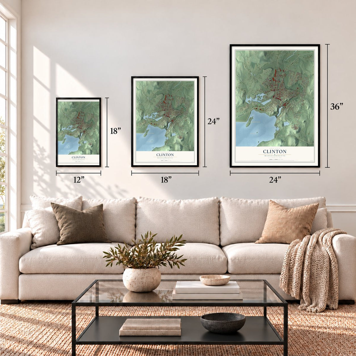 Clinton, Massachusetts map in 12 x 18, 18 x 24 and 24 x 36 inch sizes above a sofa