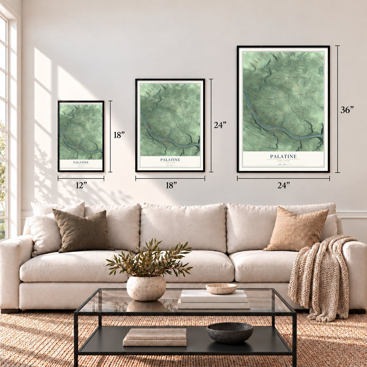 Palatine, New York map in 12 x 18, 18 x 24 and 24 x 36 inch sizes above a sofa