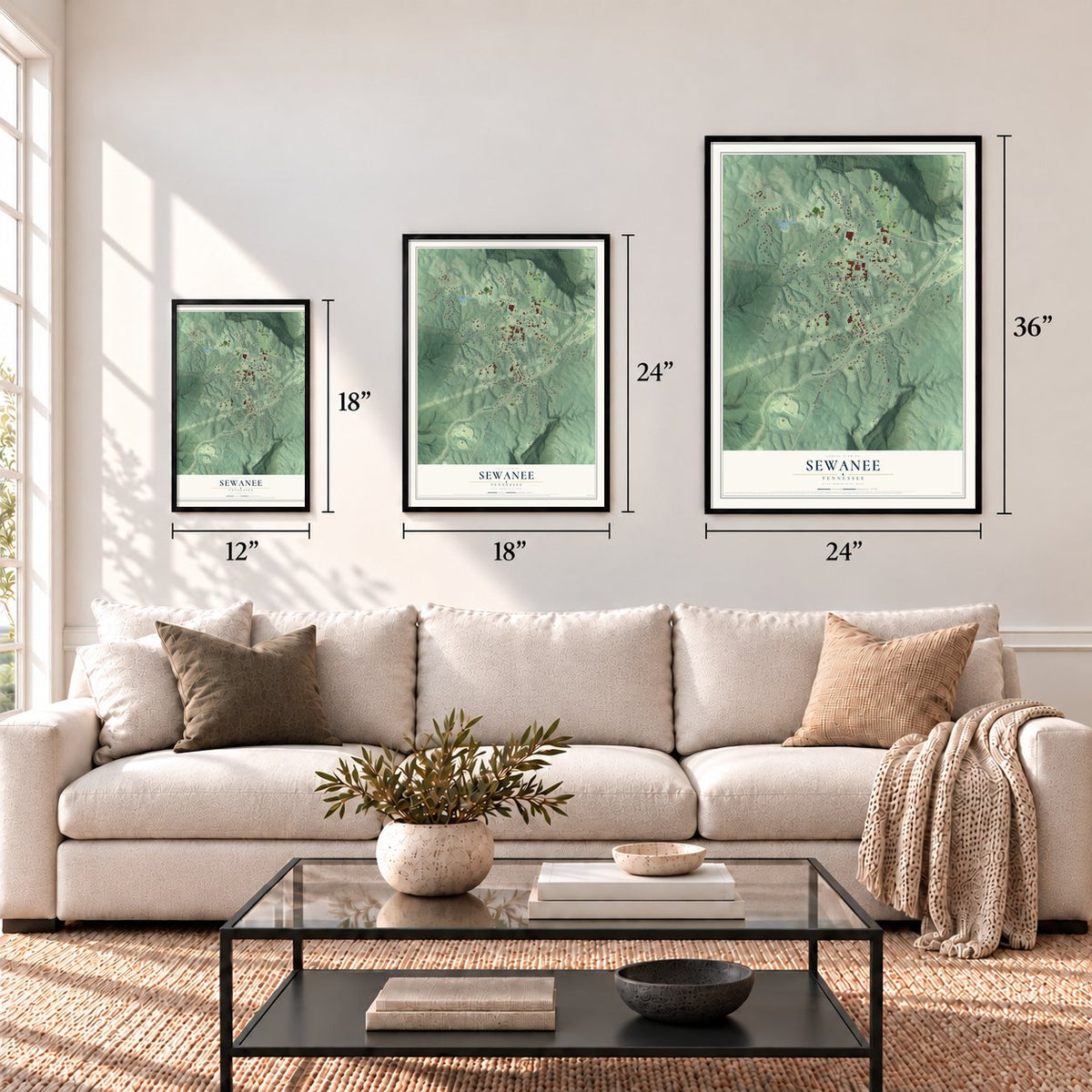 Sewanee, Tennessee map in 12 x 18, 18 x 24 and 24 x 36 inch sizes above a sofa