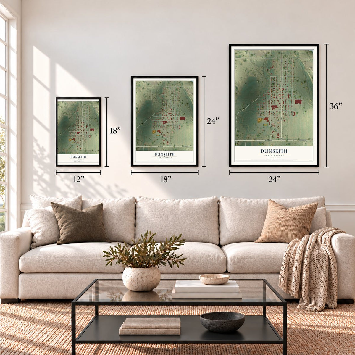 Dunseith, North Dakota map in 12 x 18, 18 x 24 and 24 x 36 inch sizes above a sofa