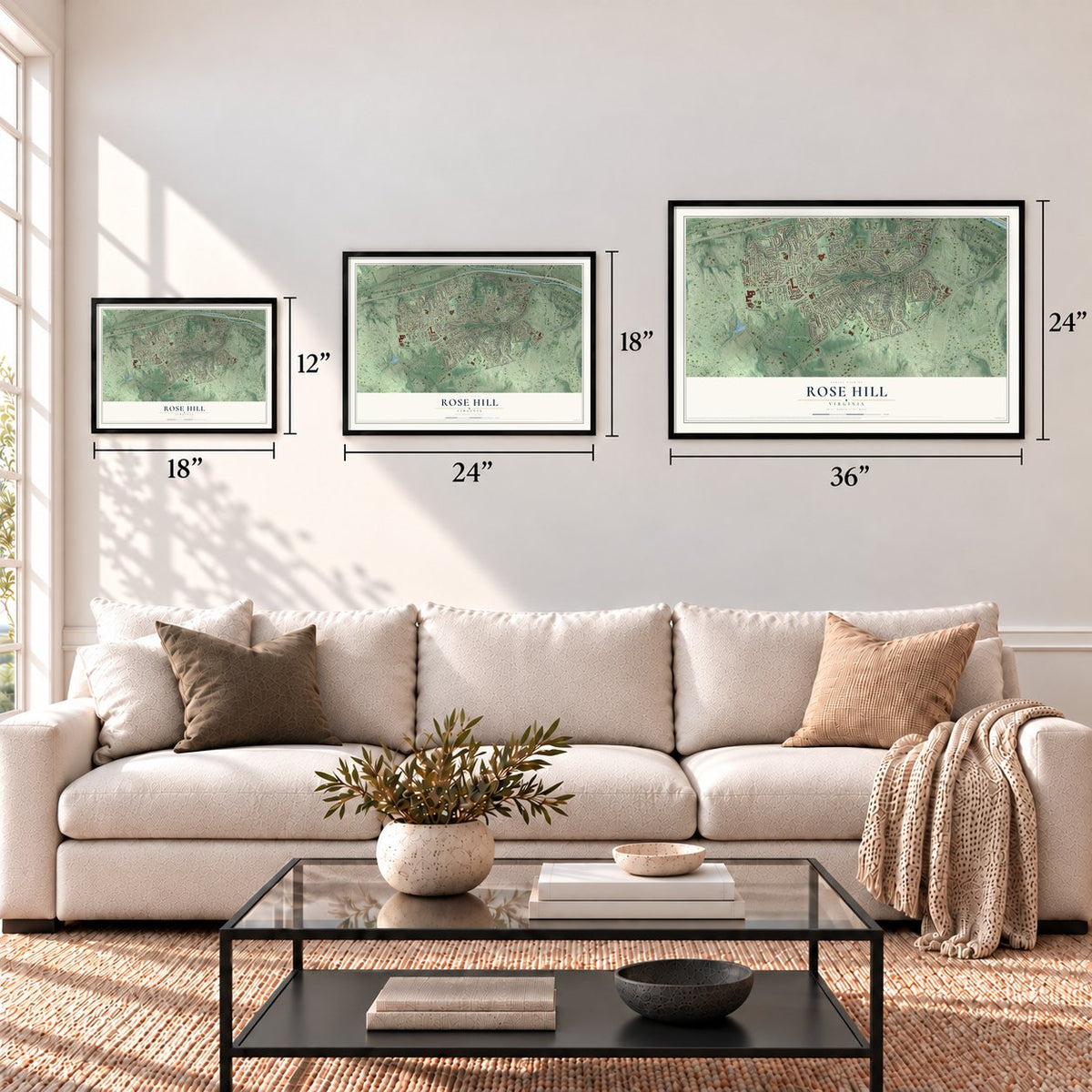 Rose Hill, Virginia map in 12 x 18, 18 x 24 and 24 x 36 inch sizes above a sofa