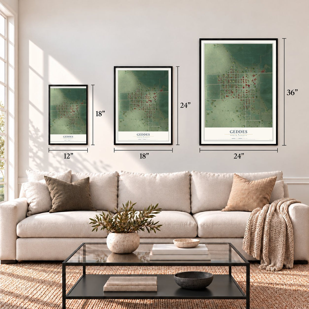 Geddes, South Dakota map in 12 x 18, 18 x 24 and 24 x 36 inch sizes above a sofa