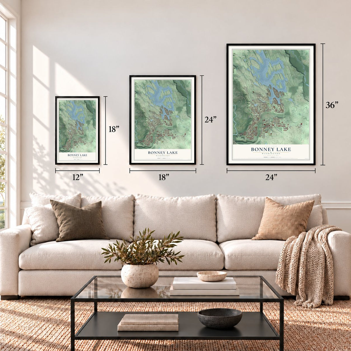 Bonney Lake, Washington map in 12 x 18, 18 x 24 and 24 x 36 inch sizes above a sofa