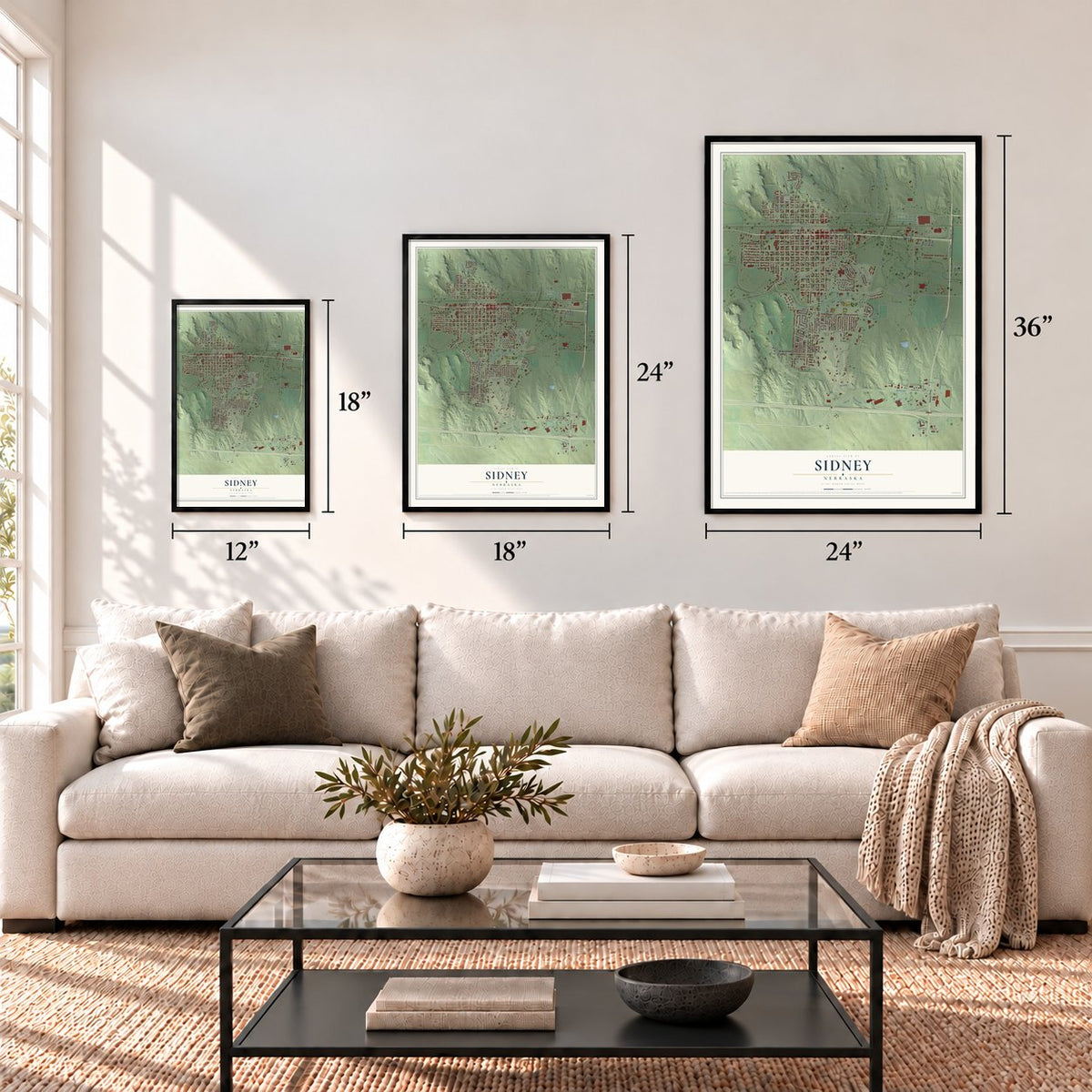 Sidney, Nebraska map in 12 x 18, 18 x 24 and 24 x 36 inch sizes above a sofa