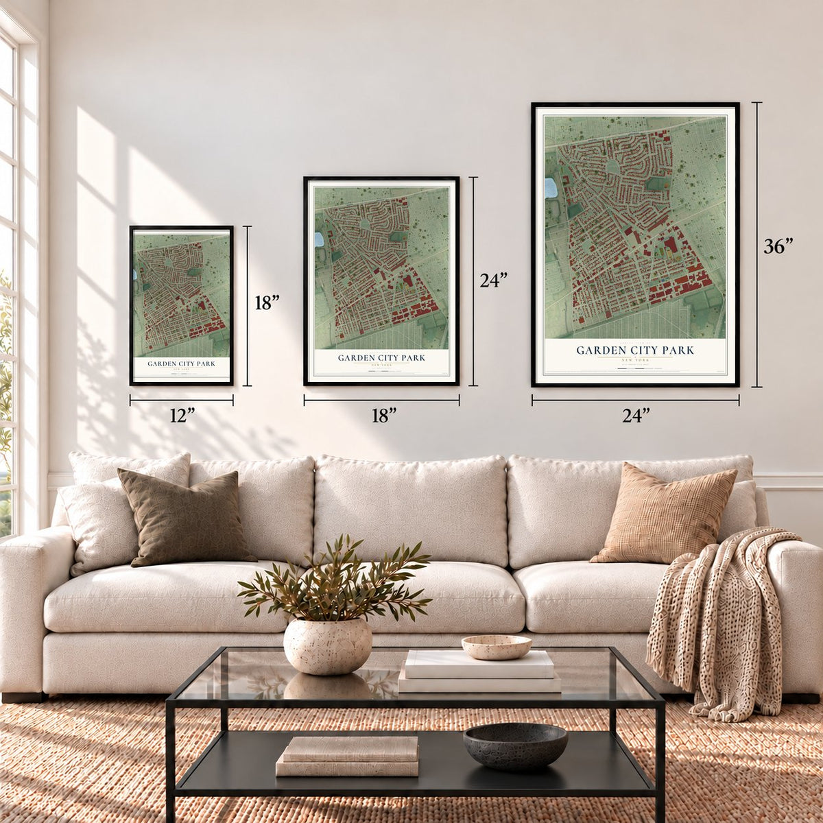 Garden City Park, New York map in 12 x 18, 18 x 24 and 24 x 36 inch sizes above a sofa