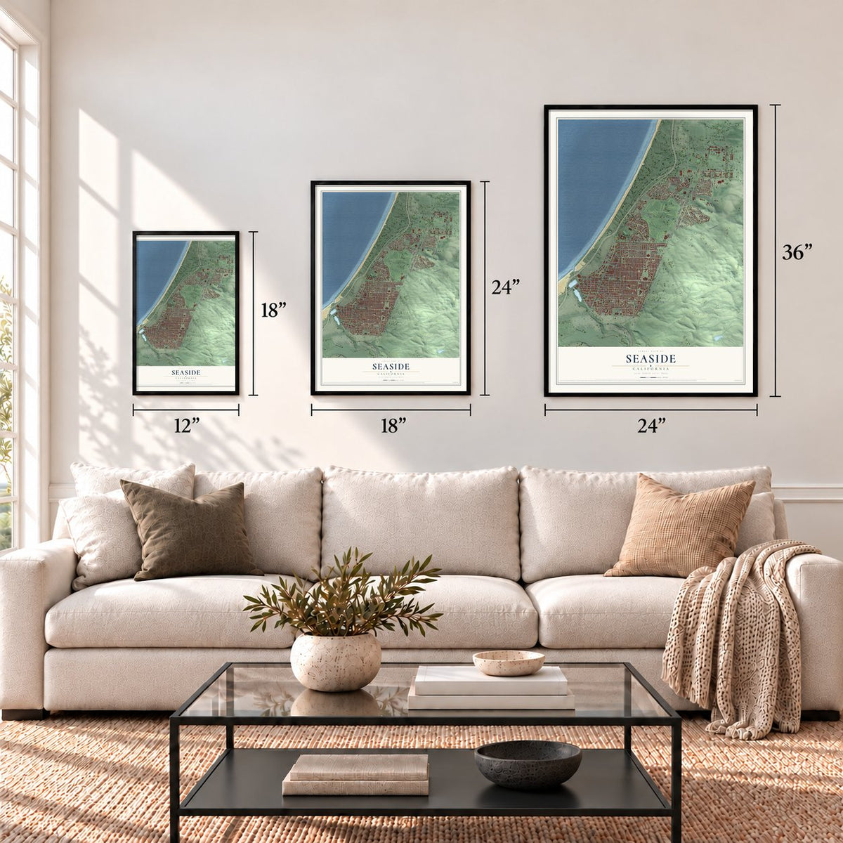 Seaside, California map in 12 x 18, 18 x 24 and 24 x 36 inch sizes above a sofa