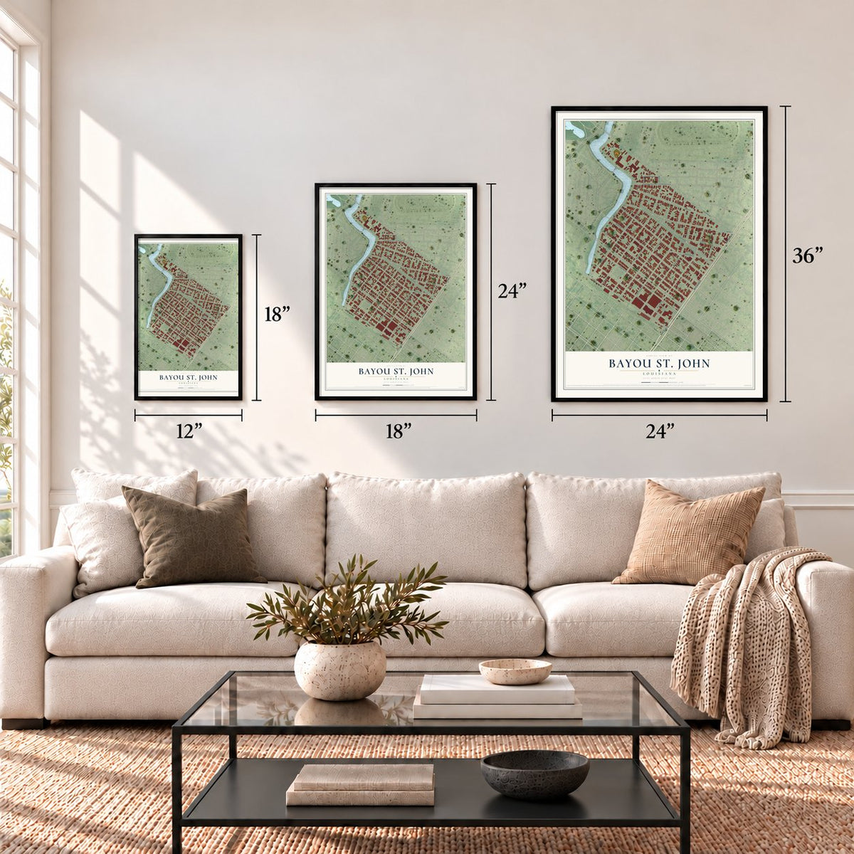 Bayou St. John, Louisiana map in 12 x 18, 18 x 24 and 24 x 36 inch sizes above a sofa