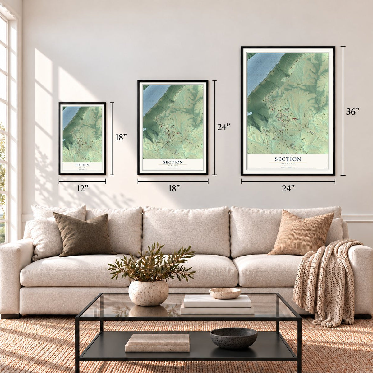 Section, Alabama map in 12 x 18, 18 x 24 and 24 x 36 inch sizes above a sofa