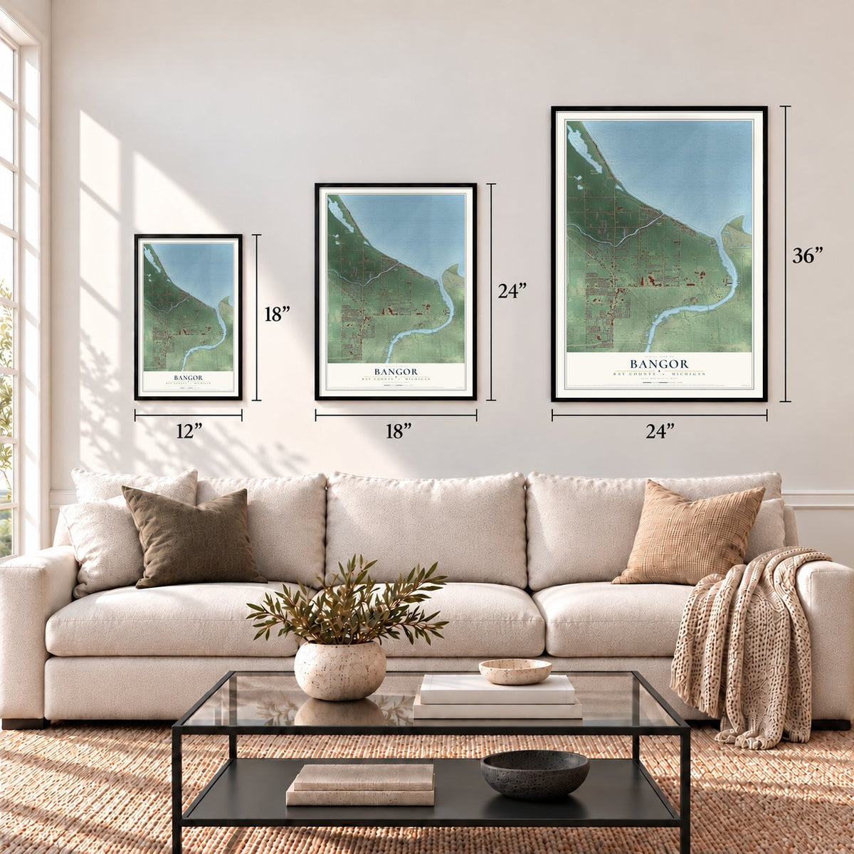 Bangor, Bay County, Michigan map in 12 x 18, 18 x 24 and 24 x 36 inch sizes above a sofa