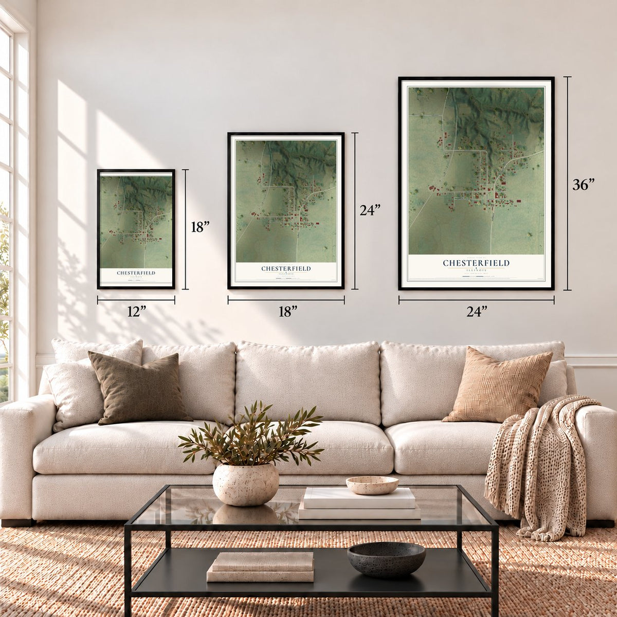 Chesterfield, Illinois map in 12 x 18, 18 x 24 and 24 x 36 inch sizes above a sofa