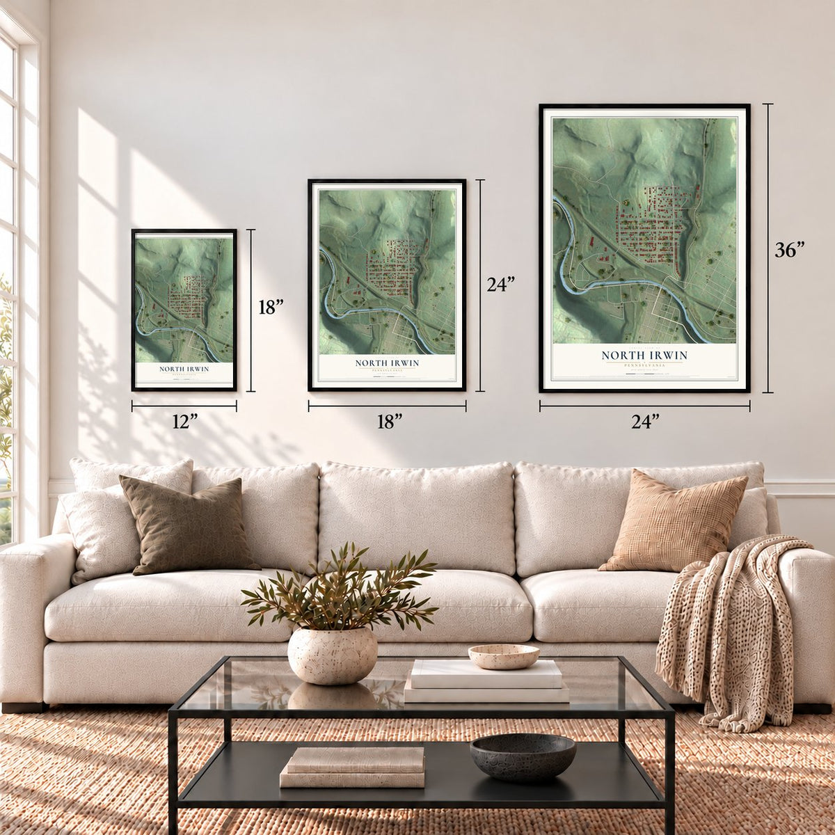 North Irwin, Pennsylvania map in 12 x 18, 18 x 24 and 24 x 36 inch sizes above a sofa