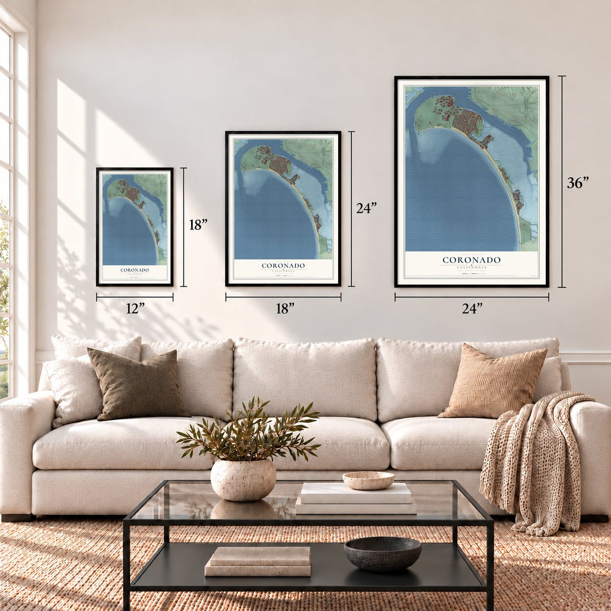 Coronado, California map in 12 x 18, 18 x 24 and 24 x 36 inch sizes above a sofa