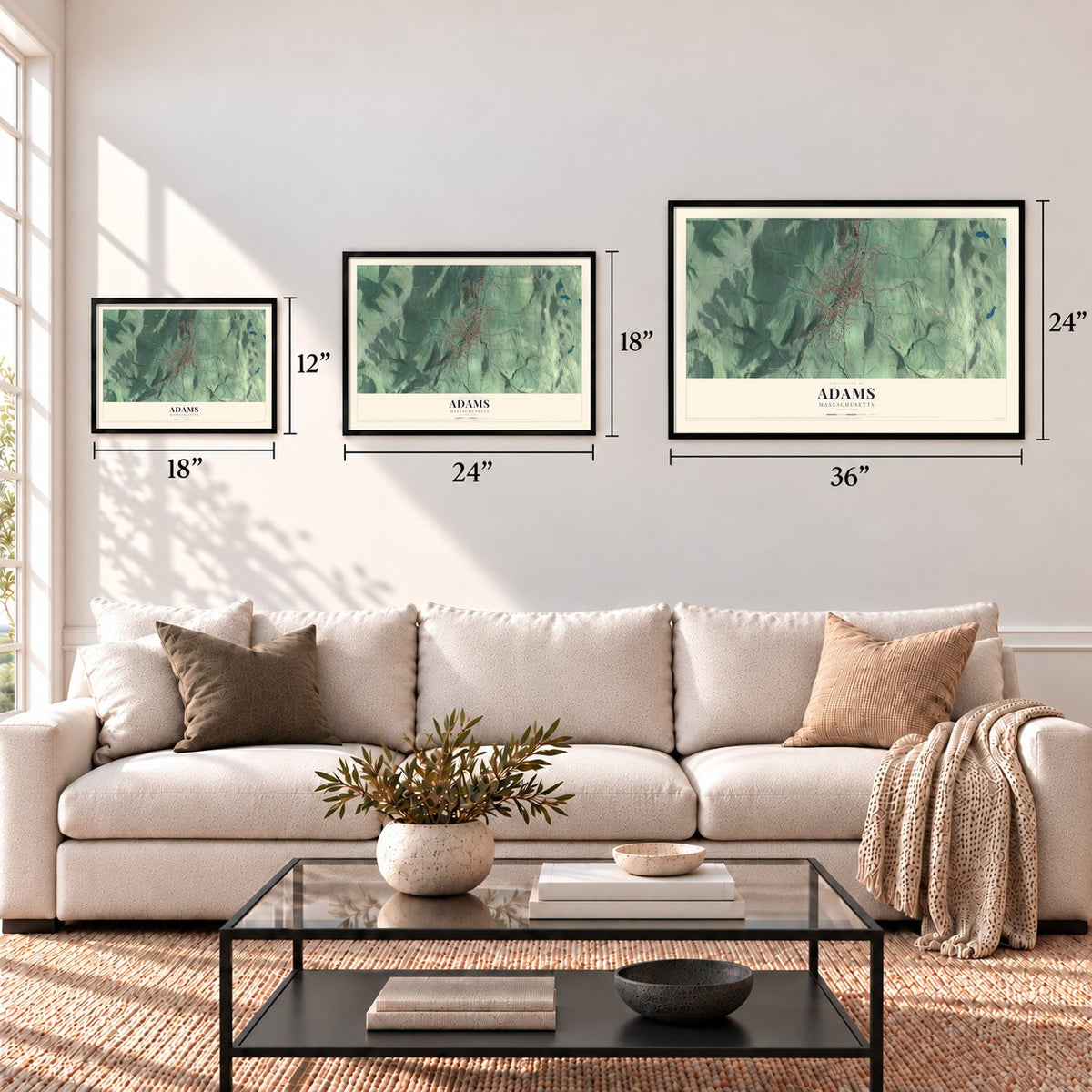 Adams, Massachusetts map in 12 x 18, 18 x 24 and 24 x 36 inch sizes above a sofa