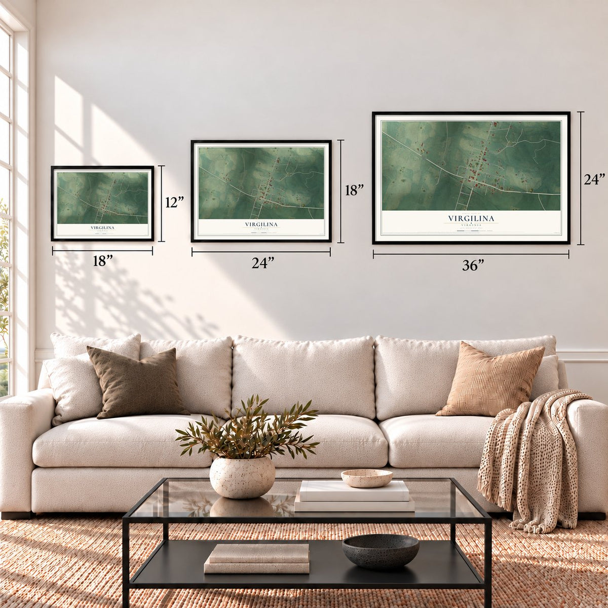Virgilina, Virginia map in 12 x 18, 18 x 24 and 24 x 36 inch sizes above a sofa