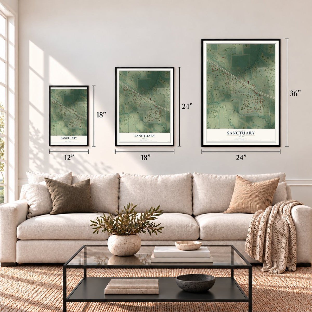 Sanctuary, Texas map in 12 x 18, 18 x 24 and 24 x 36 inch sizes above a sofa