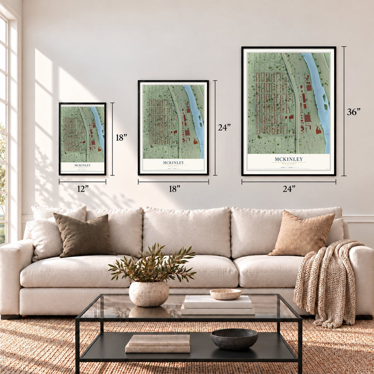 McKinley, Minneapolis, Minnesota map in 12 x 18, 18 x 24 and 24 x 36 inch sizes above a sofa