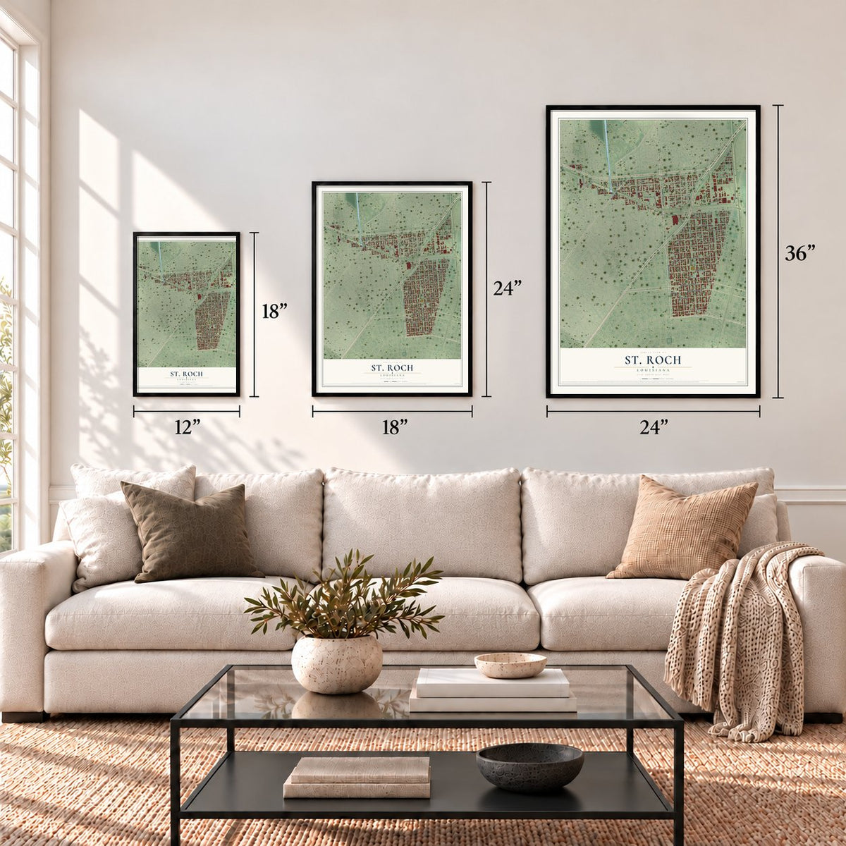 St. Roch, Louisiana map in 12 x 18, 18 x 24 and 24 x 36 inch sizes above a sofa