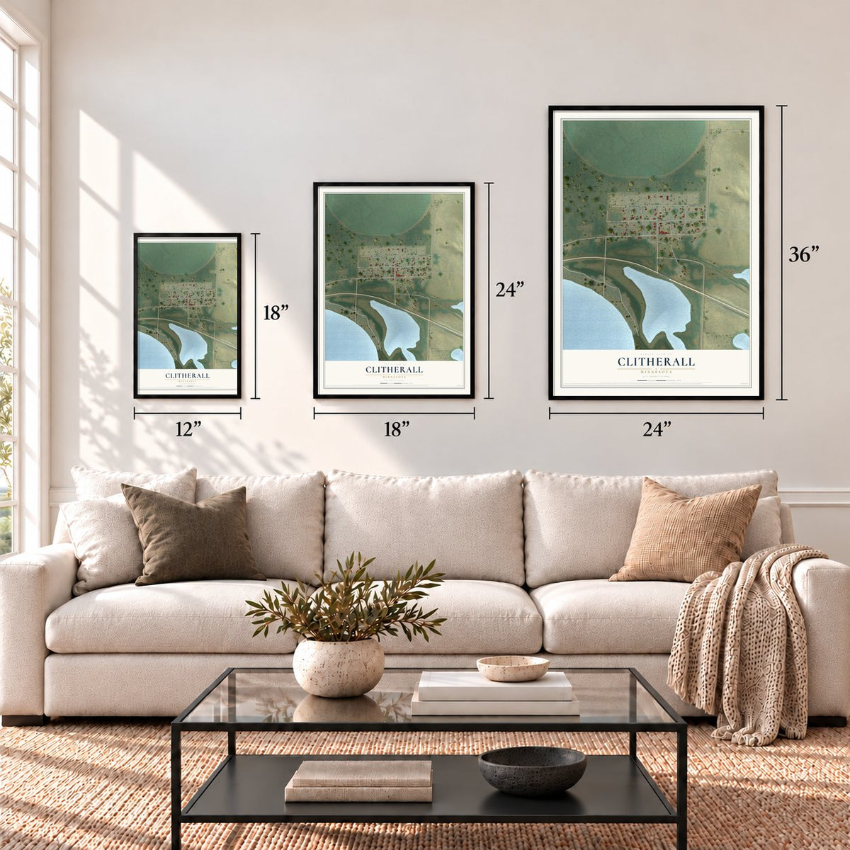 Clitherall, Minnesota map in 12 x 18, 18 x 24 and 24 x 36 inch sizes above a sofa