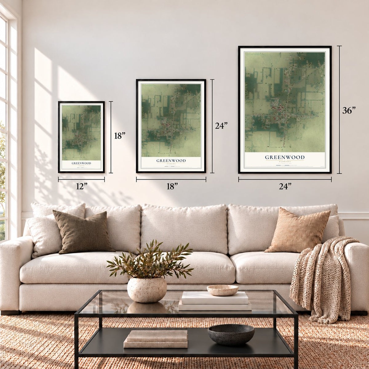 Greenwood, Florida map in 12 x 18, 18 x 24 and 24 x 36 inch sizes above a sofa