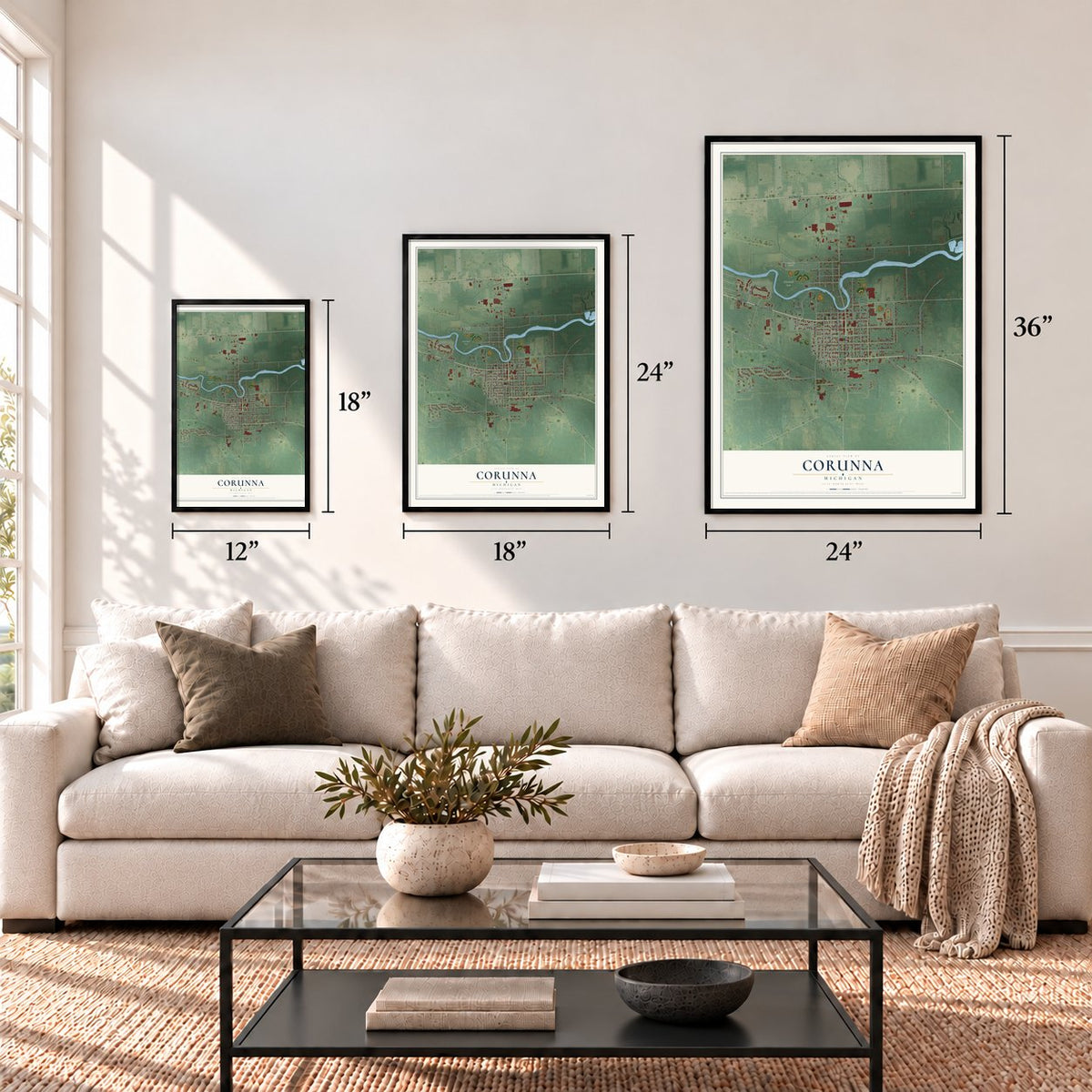 Corunna, Michigan map in 12 x 18, 18 x 24 and 24 x 36 inch sizes above a sofa