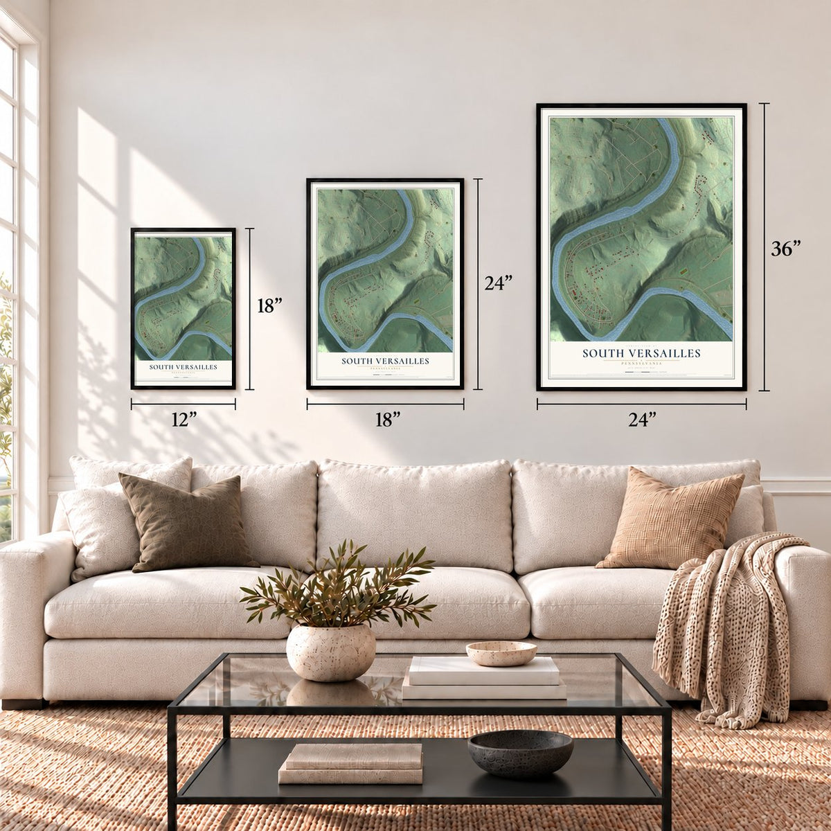 South Versailles, Pennsylvania map in 12 x 18, 18 x 24 and 24 x 36 inch sizes above a sofa