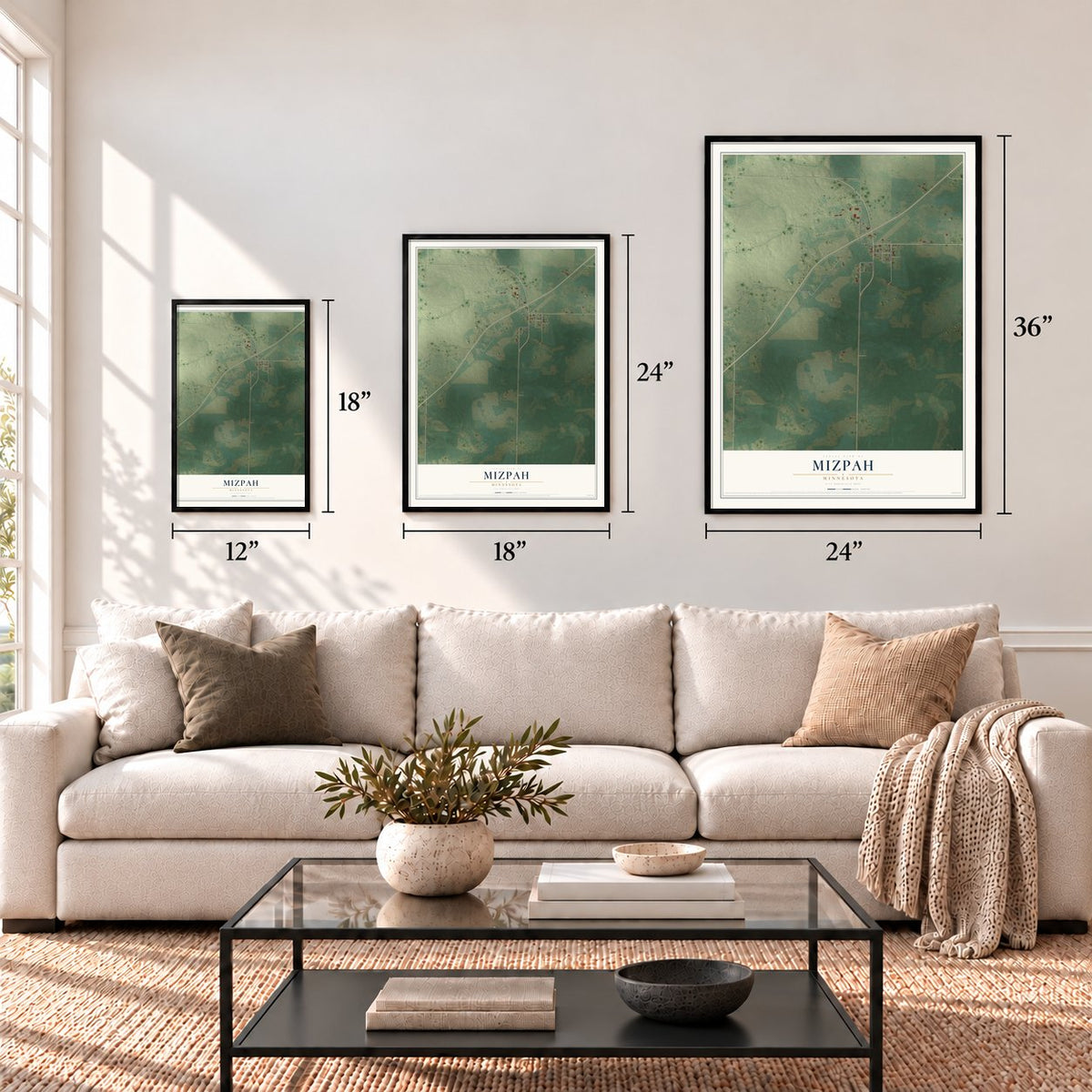 Mizpah, Minnesota map in 12 x 18, 18 x 24 and 24 x 36 inch sizes above a sofa