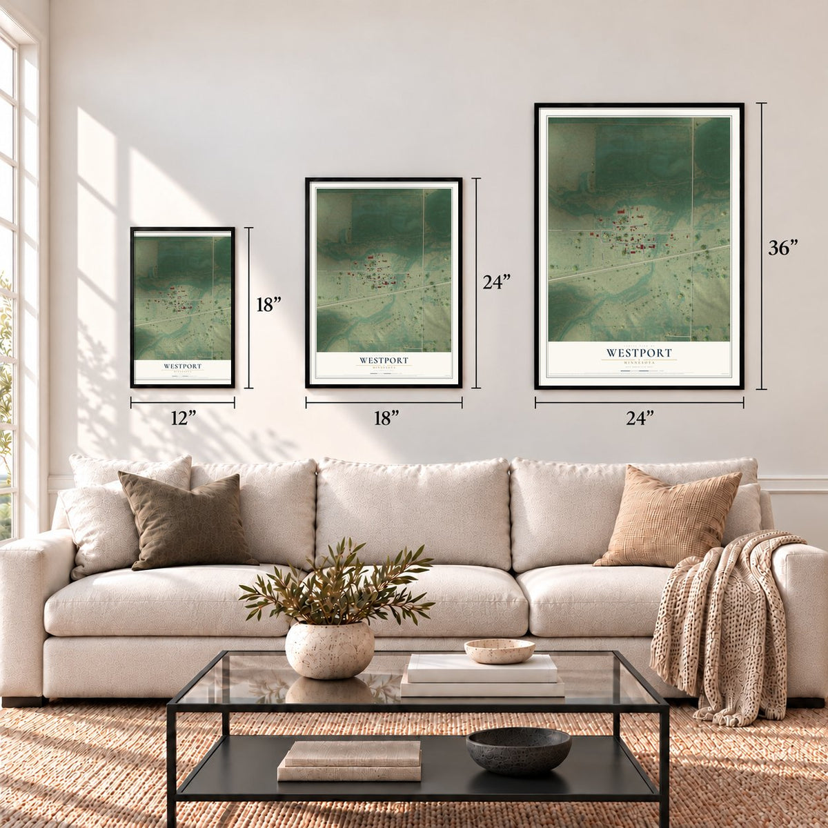 Westport, Minnesota map in 12 x 18, 18 x 24 and 24 x 36 inch sizes above a sofa
