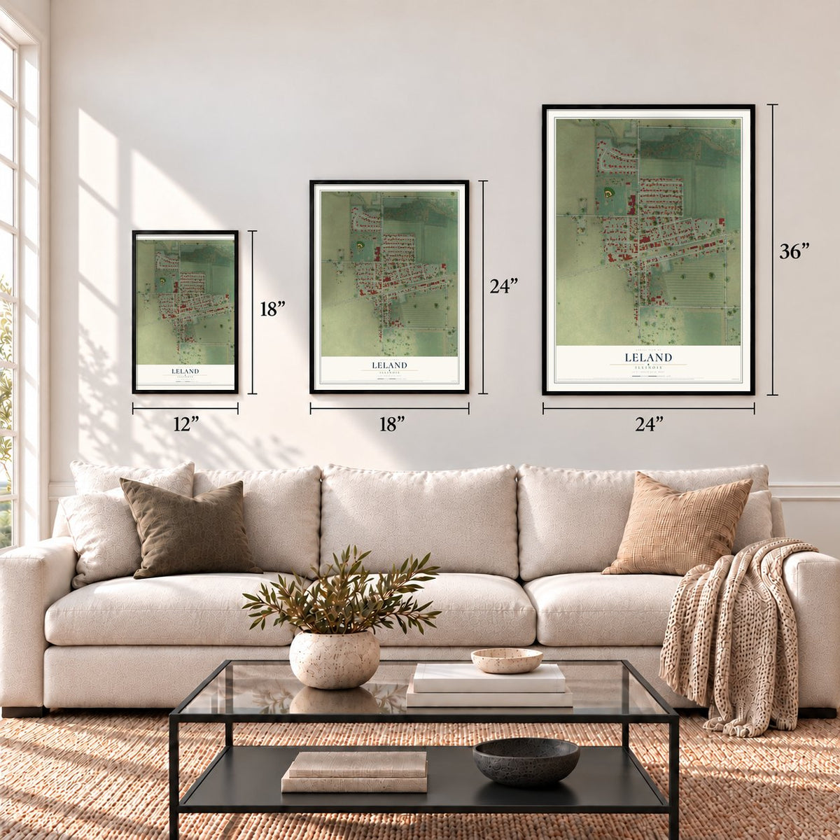Leland, Illinois map in 12 x 18, 18 x 24 and 24 x 36 inch sizes above a sofa